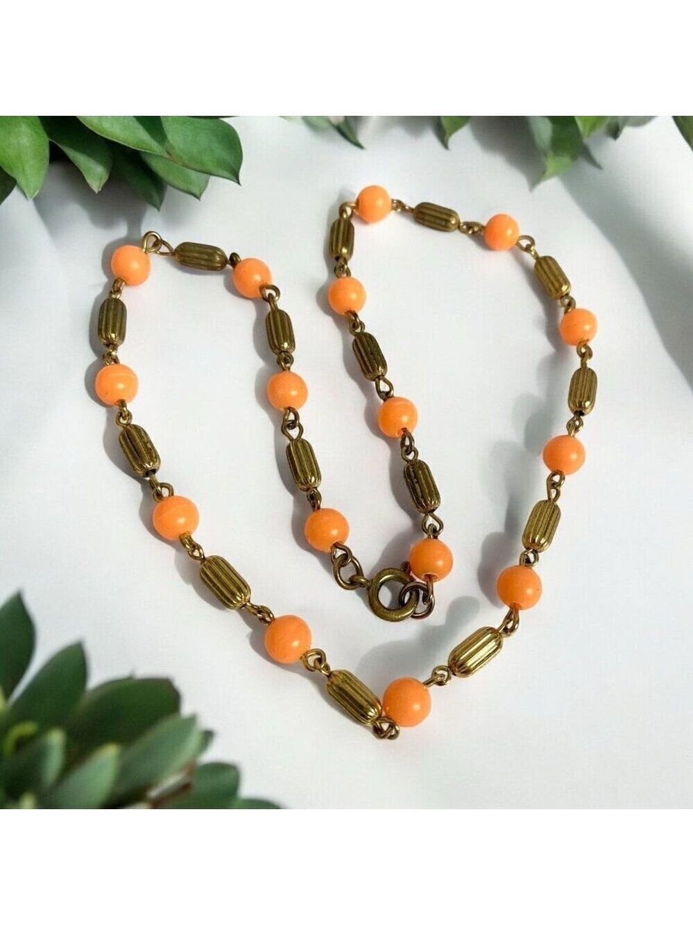 Vintage 50s Orange Plastic Bead Choker Gold Tone Necklace